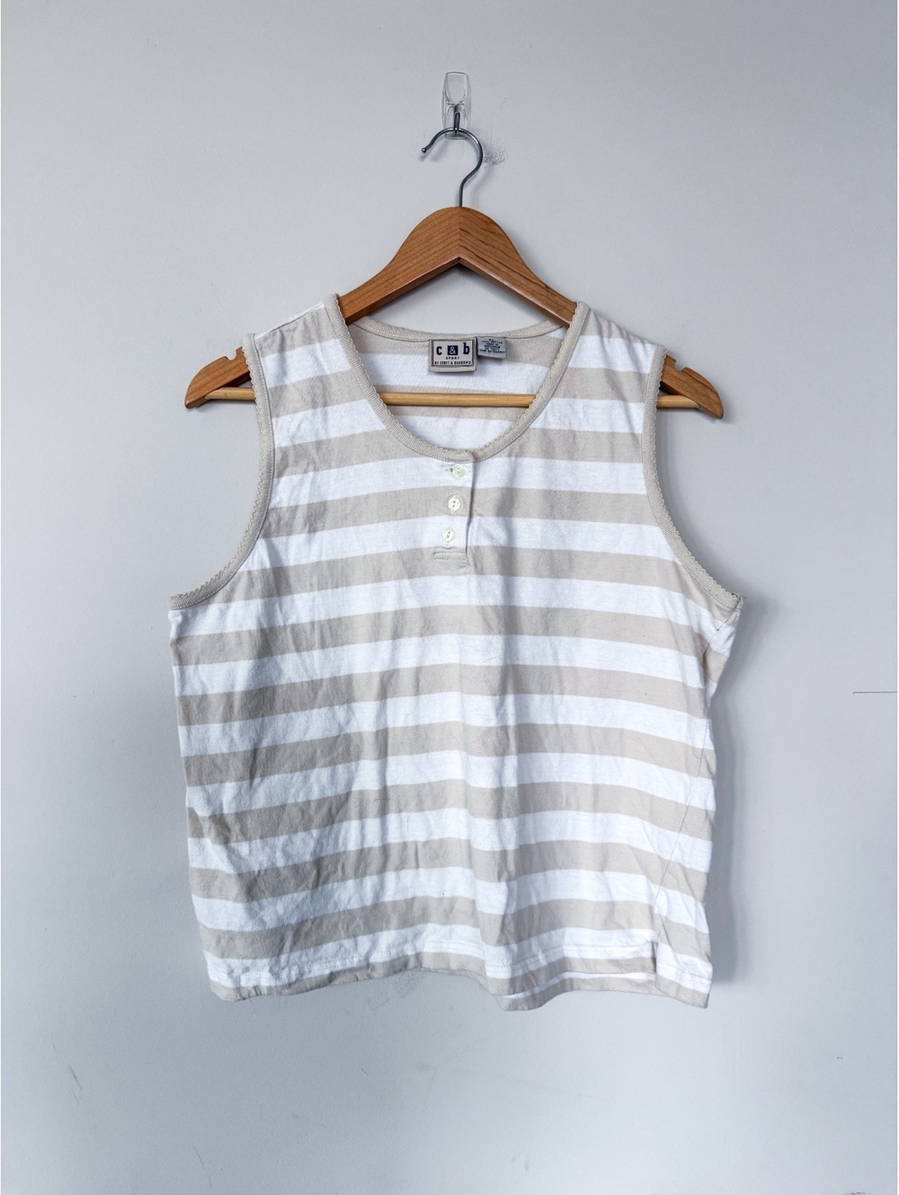 Vintage Y2K C&B Sport Tan and White Striped Sleeveless Tank Top Button Front